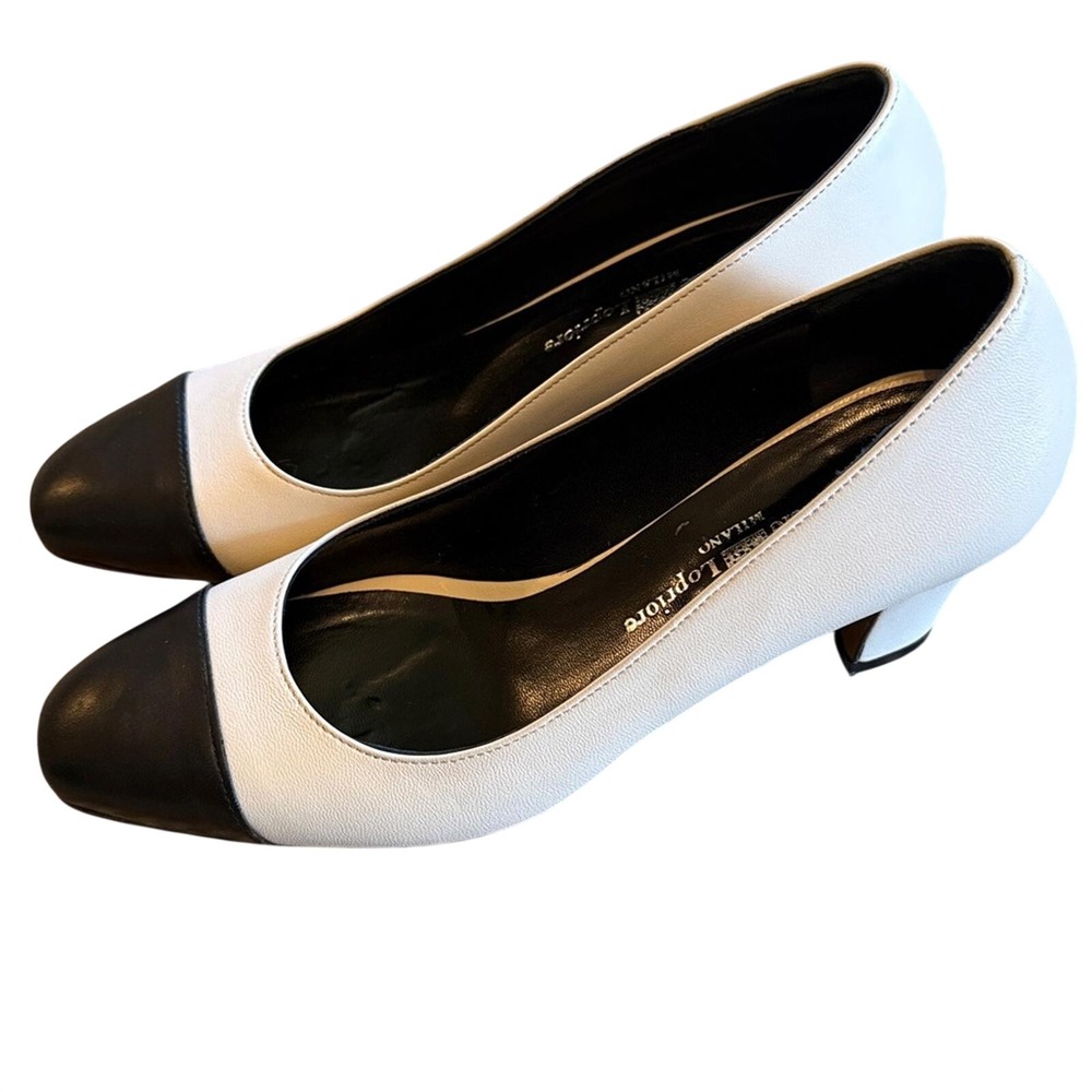 Classic Two-Tone White and Black Low Heel Pumps